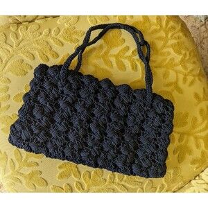 Vintage 1940s Blue Crochet Handbag Purse Gab Lined Metal Zipper Closure